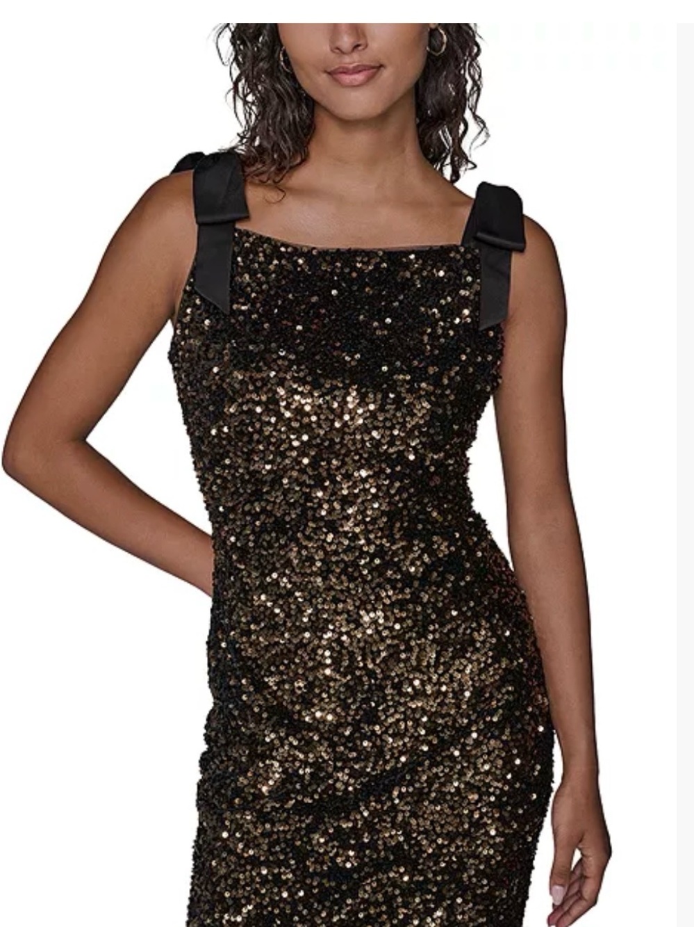 Karl Lagerfeld Black and Gold Sequin Midi Dress with Bow Straps